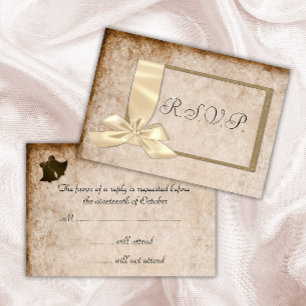 Vintage Cream Ribbon and Brown Wedding RSVP Card