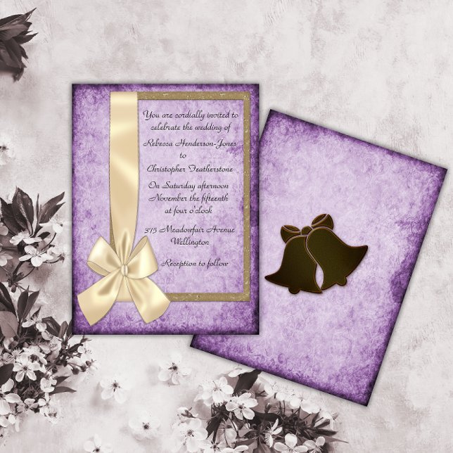 Vintage Cream Ribbon on Purple Wedding Invitation (Creator Uploaded)