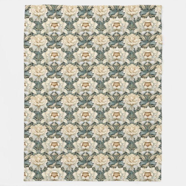 Vintage Cream Sage Green Floral Fleece Blanket (Front)
