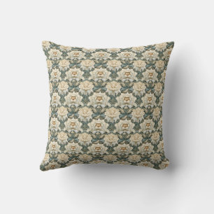 Vintage Cream Sage Green Floral Fleece Blanket Throw Pillow