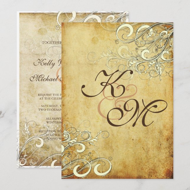 VINTAGE CREAM SWIRLS/LUXE CHAMPAGNE SHIMMER PAPER INVITATION (Front/Back)