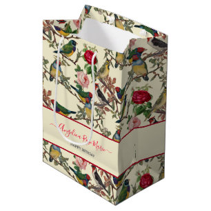 Vintage Cream Victorian Floral Birds Medium Gift Bag