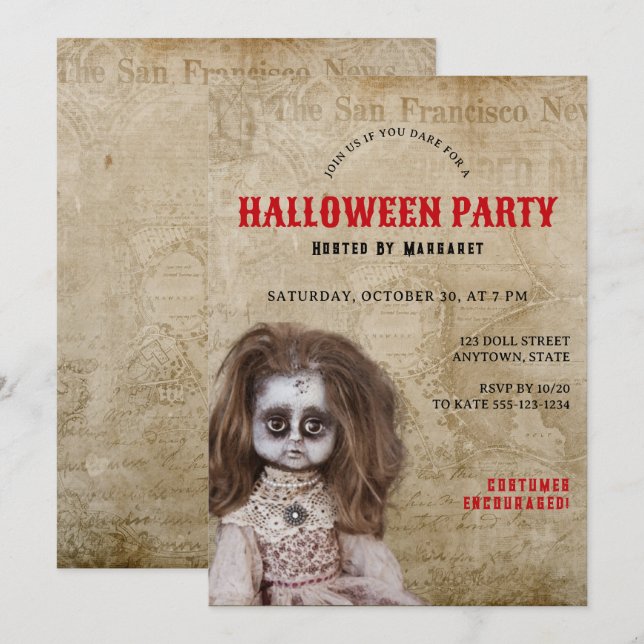 Vintage Creepy Doll Halloween Costume Party Invitation (Front/Back)