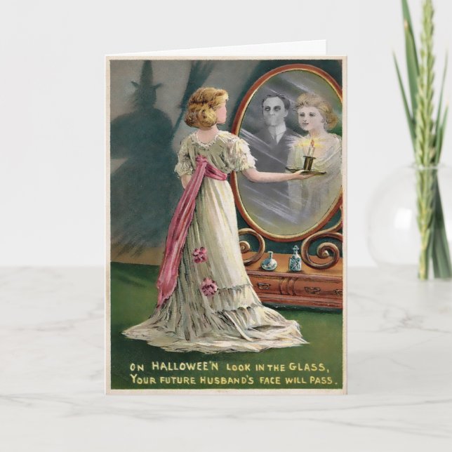 Vintage Creepy Mirror Halloween Card (Front)