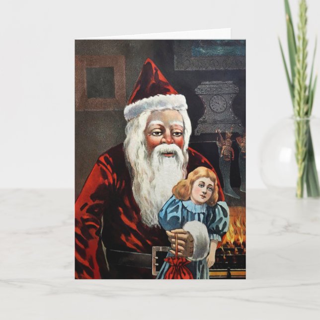 Vintage Creepy Santa with Doll Holiday Card (Front)
