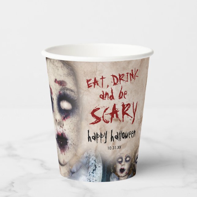 Vintage Creepy Zombie Doll Halloween Party Paper Cups (Front)
