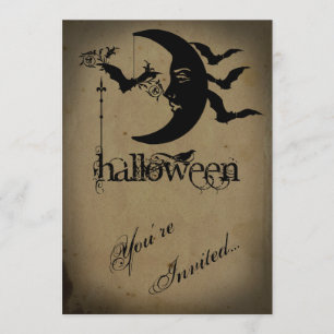 Vintage Crescent Moon and Bats Halloween Party Invitation