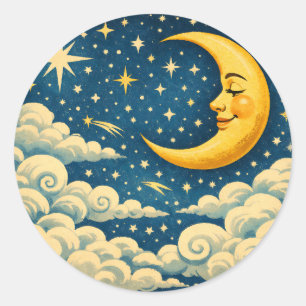 Vintage Crescent Moon Night Sky Classic Round Sticker