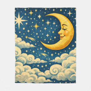 Vintage Crescent Moon Night Sky Fleece Blanket