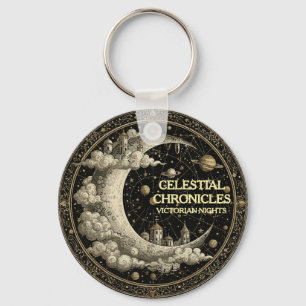 Vintage Crescent Moon with Clouds, Retro Victorian Keychain