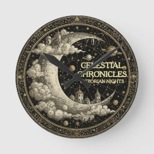 Vintage Crescent Moon with Clouds, Retro Victorian Round Clock