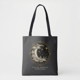 Vintage Crescent Moon with Clouds, Retro Victorian Tote Bag