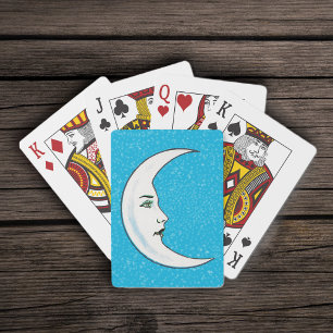 Vintage Crescent White Moon Face White Stars Playing Cards
