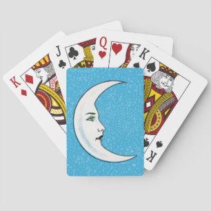Vintage Crescent White Moon Face White Stars Playing Cards