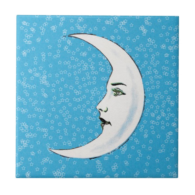 Vintage Crescent White Moon Face White Stars Tile (Front)