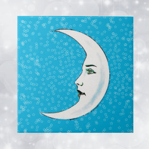 Vintage Crescent White Moon Face White Stars Tile