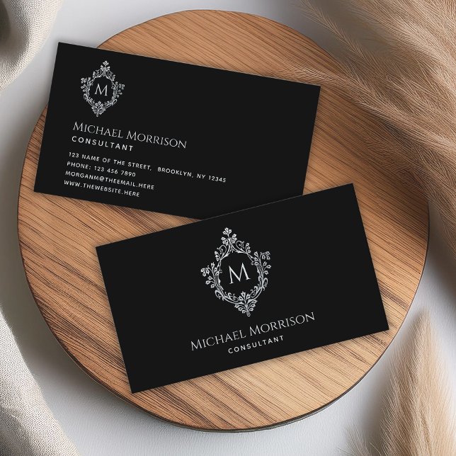 Vintage Crest Black Elegant  Initial Monogram Business Card (Creator Uploaded)