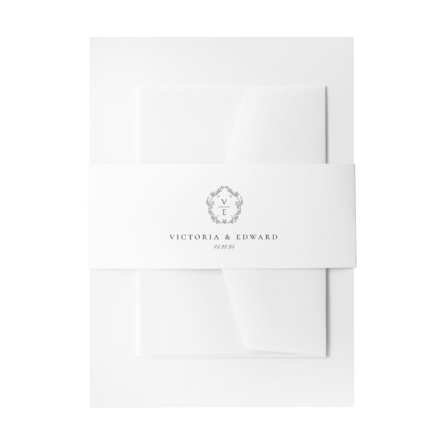 Vintage Crest Black Monogram Wedding Invitation Belly Band (Front Example)
