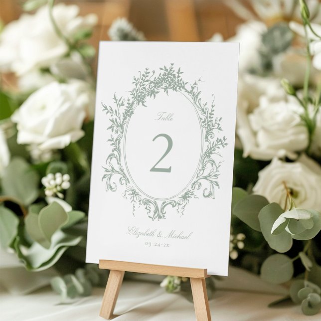 Vintage Crest Botanical Sage Green Wedding Table Number (Creator Uploaded)