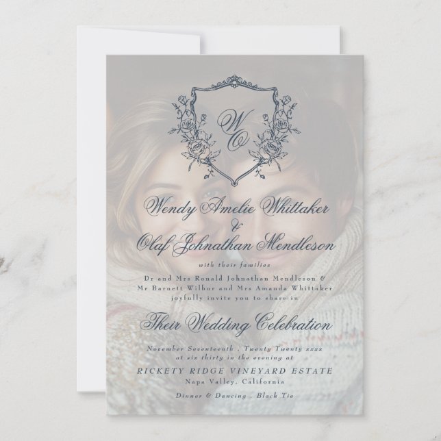 Vintage Crest Cream & Navy Overlay Photo Wedding Invitation (Front)