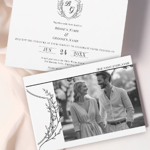 Vintage Crest elegant black & white photo wedding Invitation