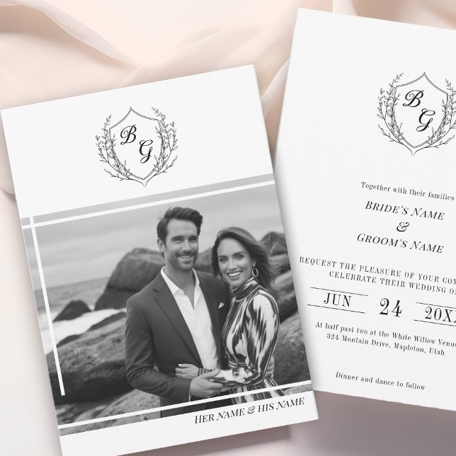 Vintage Crest elegant monogram photo wedding Invitation (Creator Uploaded)