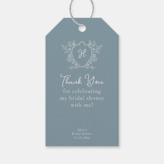 Vintage Crest Floral Dusty Blue Bridal Shower Gift Tags
