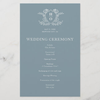 Vintage Crest Floral Monogram Blue Wedding Program