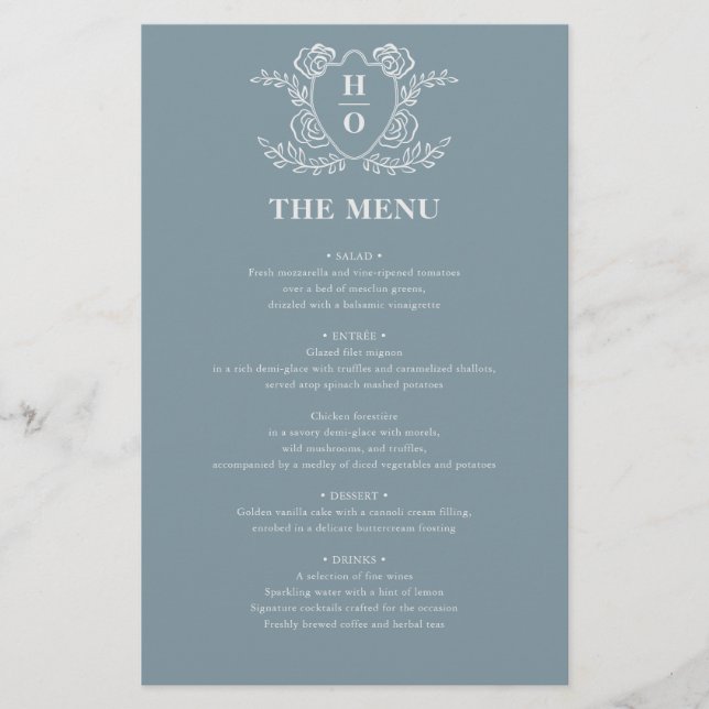 Vintage Crest Floral Monogram Wedding Menu (Front)