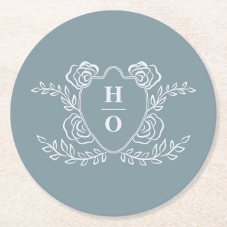 Vintage Crest Floral Monogram Wedding Round Paper Coaster