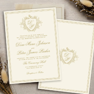 Vintage crest gold ivory monogram wedding invitation