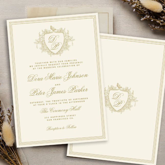Vintage crest gold ivory monogram wedding invitation (Creator Uploaded)