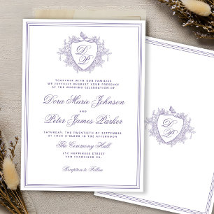 Vintage crest lavender monogram wedding invitation