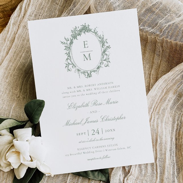 Vintage Crest Monogram Botanical Green Wedding Invitation (Creator Uploaded)