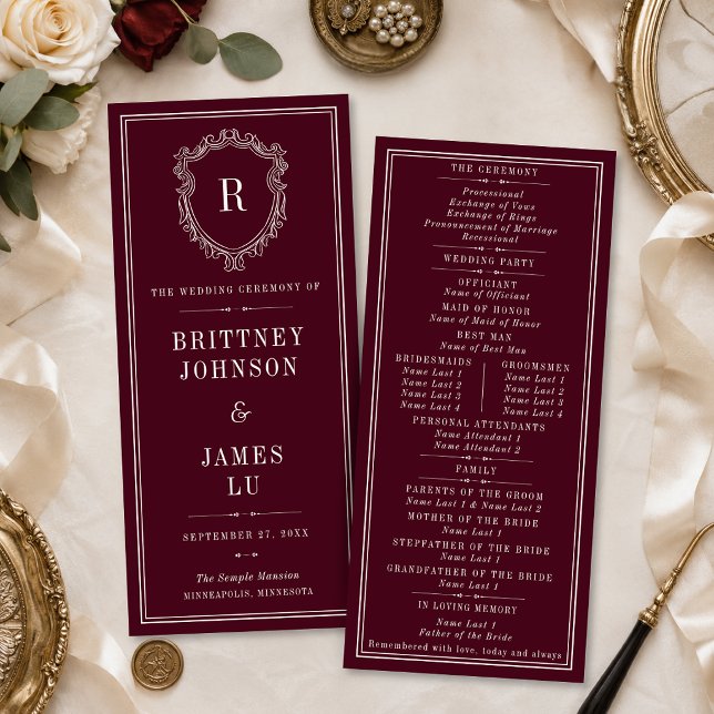 Vintage Crest Monogram Burgundy & Ivory Wedding Program (Creator Uploaded)