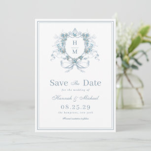 Vintage Crest Monogram Dusty Blue Bow Wedding Save The Date