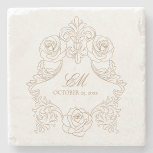 Vintage Crest Monogram Golden Brown Wedding Logo Stone Coaster