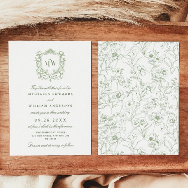 Vintage Crest Monogram Logo Botanical Wedding Invitation (Creator Uploaded)