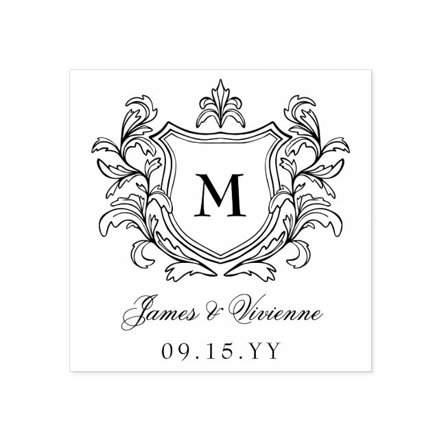 Vintage Crest Monogram Names & Wedding Date Rubber Stamp (Imprint)