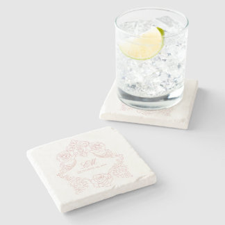 Vintage Crest Monogram Pink Wedding Logo Stone Coaster
