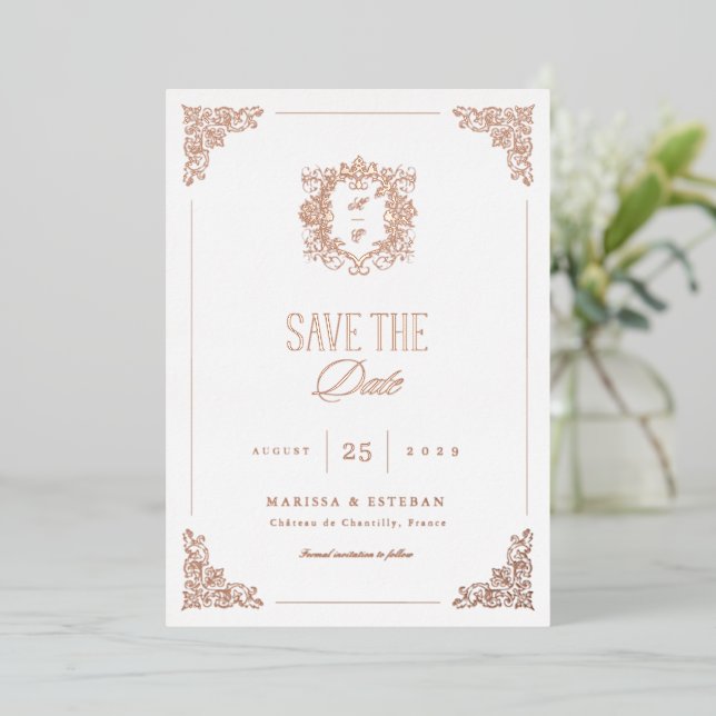 Vintage Crest Monogram Rose Gold Save the Date (Standing Front)