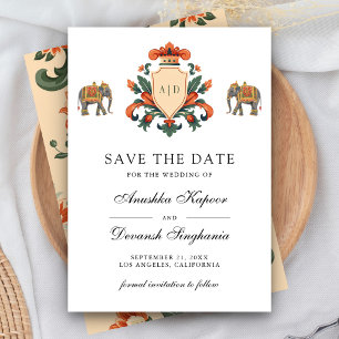 Vintage Crest Royal Elephant Indian Hindu Wedding Save The Date