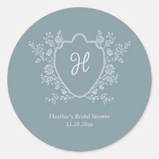 Vintage Crest Script Monogram Blue Bridal Shower Classic Round Sticker