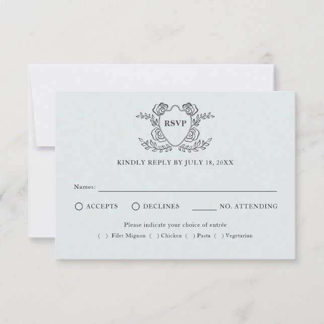 Vintage Crest Script Traditional Wedding RSVP Card (Front)