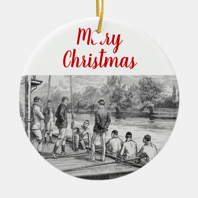 Vintage Crew Rowers in boat at the dock Ceramic Ornament (Front)