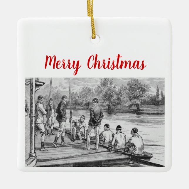 Vintage Crew Rowers in boat at the dock Ceramic Ornament (Front)