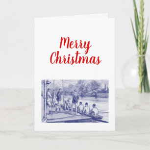 Vintage Crew Rowers in boat at the dock Holiday Card