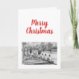 Vintage Crew Rowers in boat at the dock Holiday Card