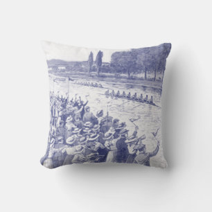 Vintage Crew Rowers Race With Many Spectators Blue Throw Pillow