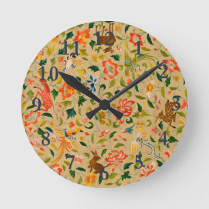 Vintage Crewel Animal Embroidery: Antique Tapestry Round Clock